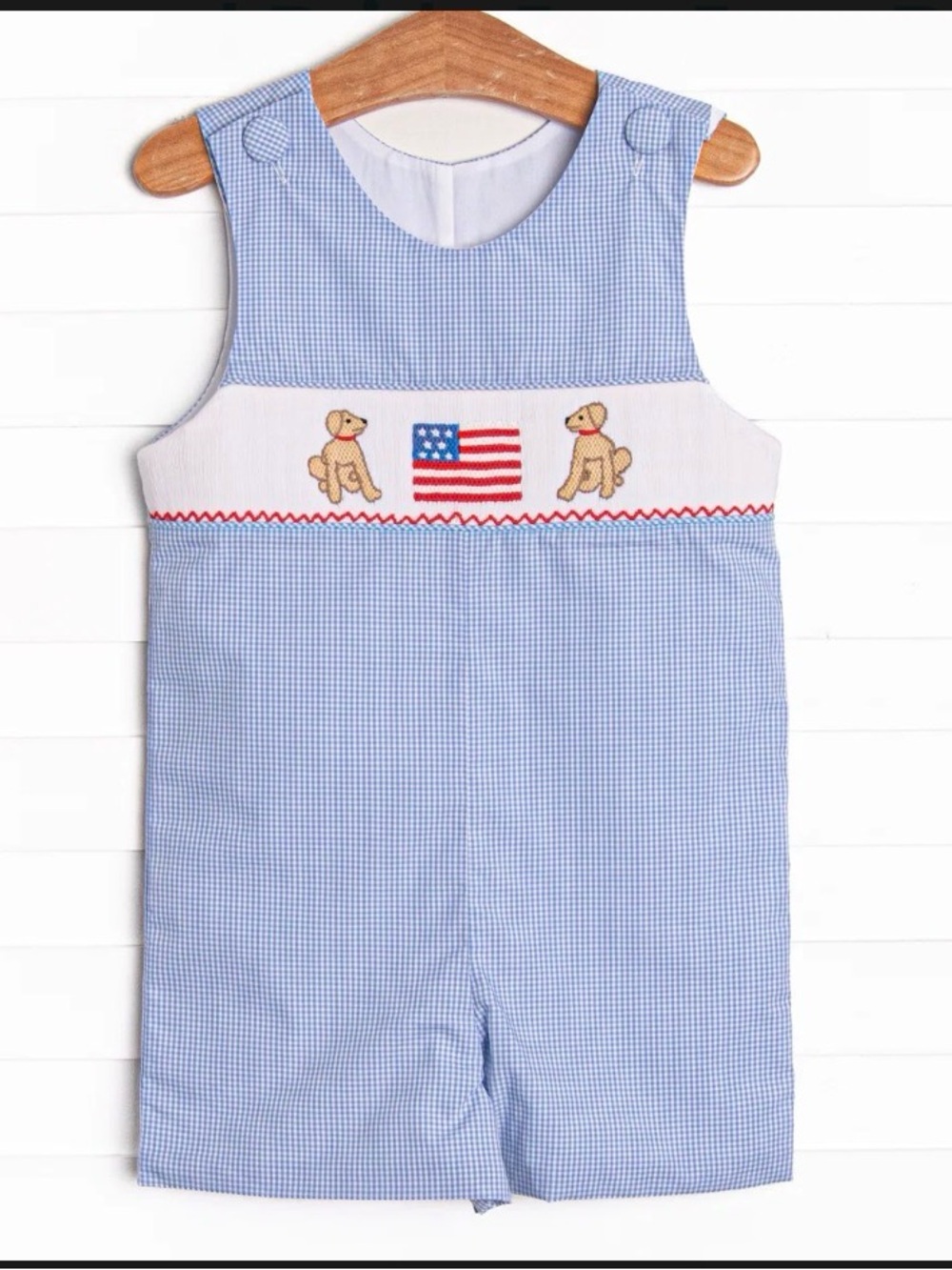 Stitchy Fish Pups and Pride Jon Jon patriotic shortall smocked dogs flag 9 month